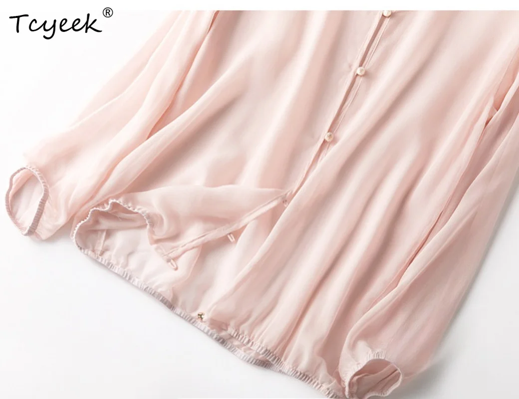 Tcyeek 100% Real Mulberry Silk Woman Tops 2026 Summer Breathable Hooded Light Pink Sun Protection Top Female Clothing Ropa Mujer view 4