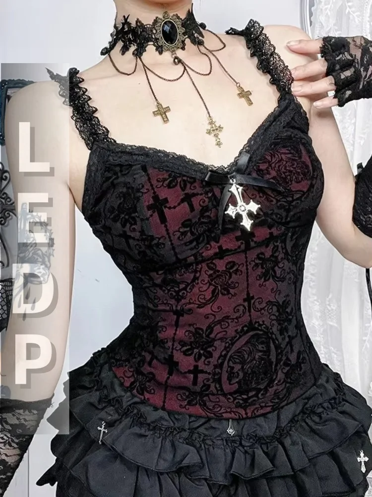 Gothic Dark Flocking Camisole Women Y2k E-girl Vintage Streetwear Sexy Lace Bow Patchwork Corset Crop Tank Tops Female