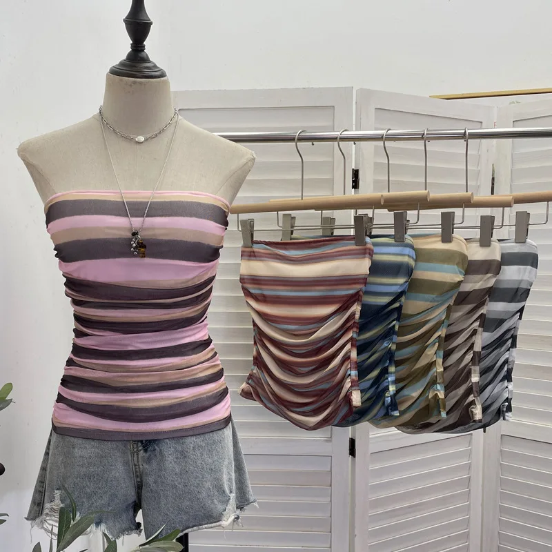 Women Color Block Striped Mesh Tube Top with Padded Chest Anti-Slip Strip Ruched Slim Fit Cropped Sleeveless Top Streetwear8185