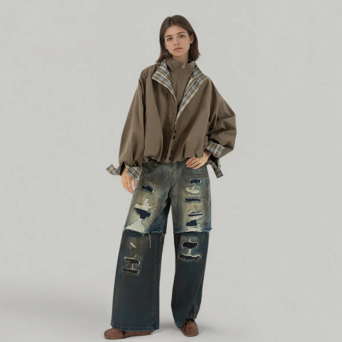 CiCi 2025 الخريف الشتاء الرجعية Colorblock منقوشة السترة معطف المرأة موضة وهمية قطعتين تصميم مزيج القطن والبوليستر #2