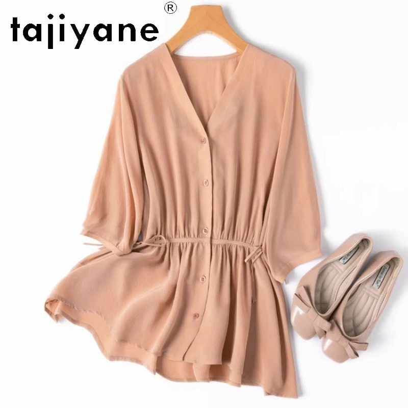 

TAJIYANE 100% Mulberry Silk Shirt Woman High Quality V Neck Orange Blouse Half Sleeve Summer Tops 2025 Ladies Clothes Блузка