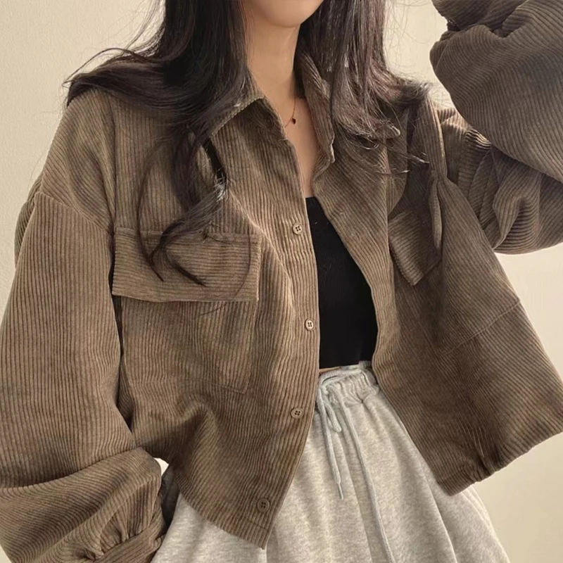 Women's Coffee Retro Long Sleeve Jacket, Casual Turndown Collar Single Breasted Coat, Loose Fit with Pockets Versatile Outerwear
