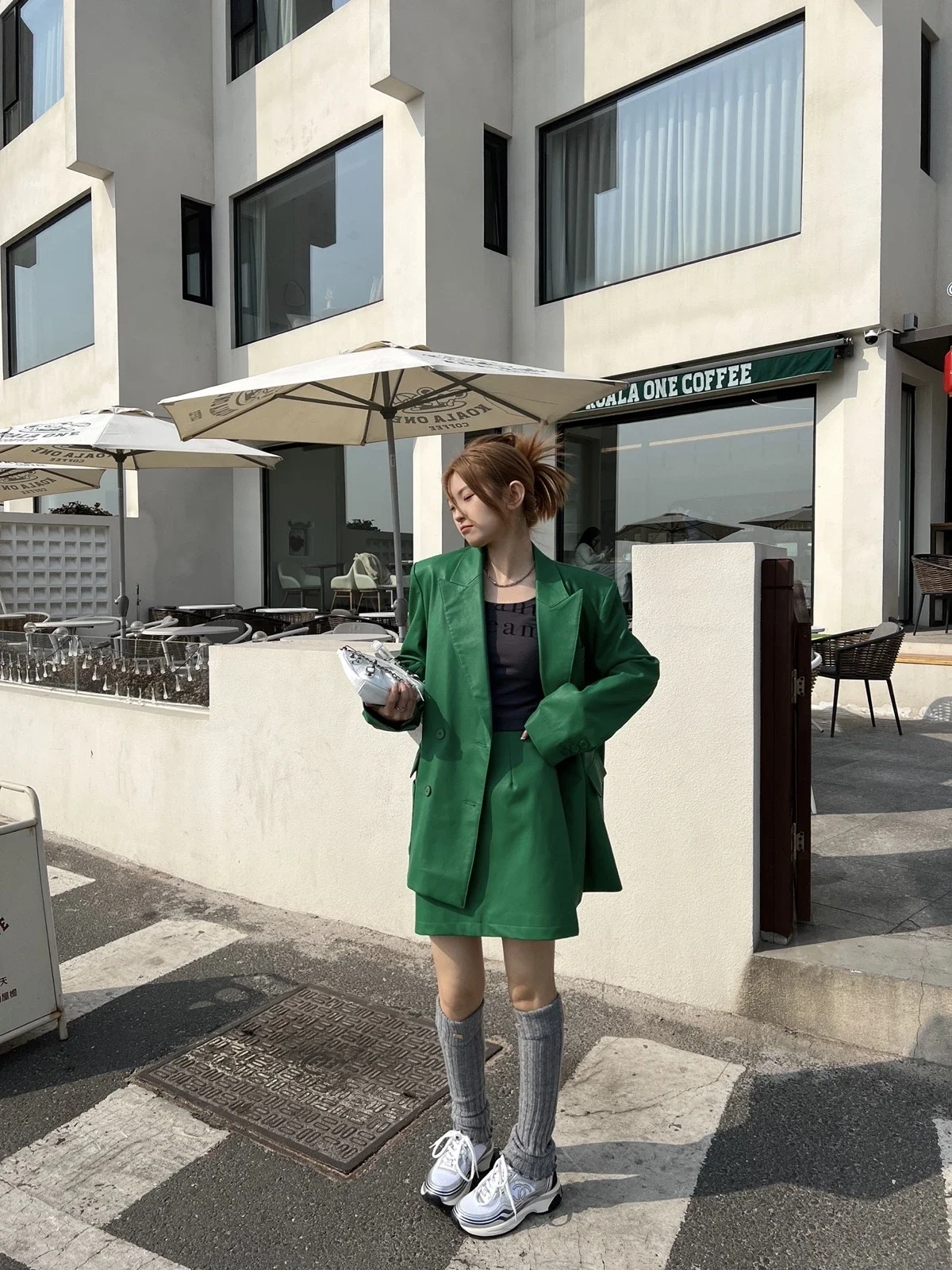 Vintage green pu leather blazer suit and mini skirt all-match women's leather casual suit jacket fashion outwear 2024 spring new