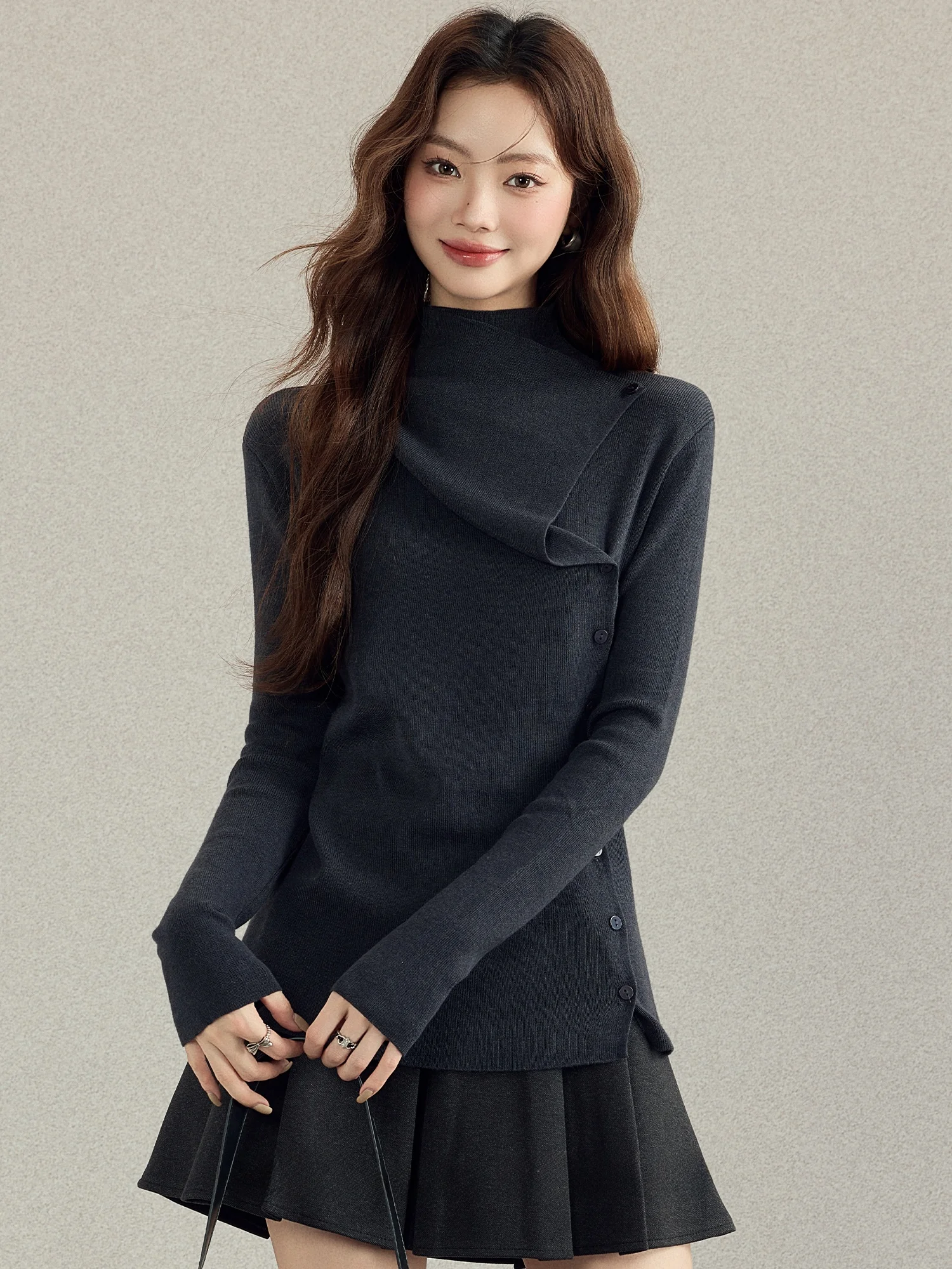 

Женский вязаный свитер Mii Xiao Ke с высоким воротником, асимметричной застежкой на пуговицах, мягкий, с длинными рукавами, для осени и зимы