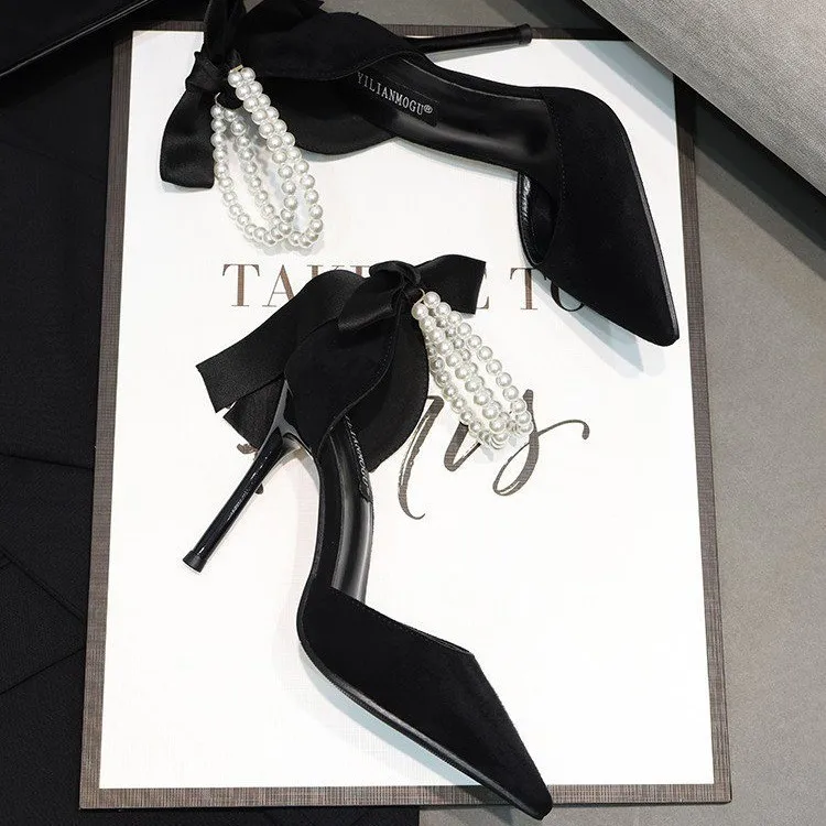Women's Fashion Bow Sandals Summer Black Simulation Pearls Shoes Sexy Pointed Stiletto Party Office High Heels Zapatos De Fiesta - view 4