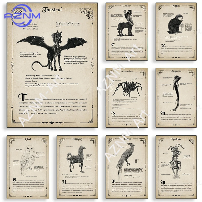 Antique Style Magical Creature Wizarding Beast Encyclopedia Poster Canvas Painting Fantasy Themed Bedroom Collectors Wall Decor