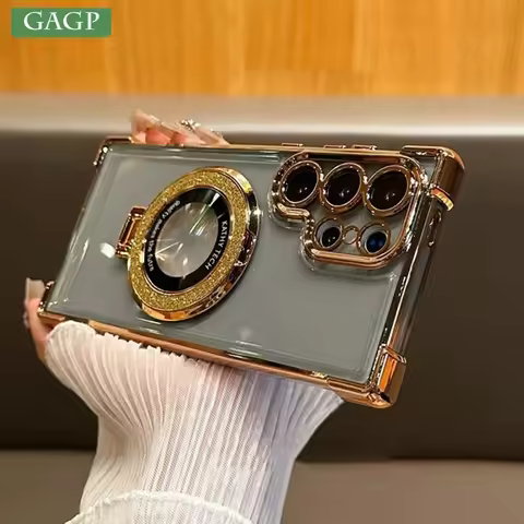 Electroplate Airbag Magsafe Stand Holder Case Cover for Samsung Galaxy S25 S22 S24 Note 20 Ultra S23 S24 FE A55 A35 A25 A54 A16