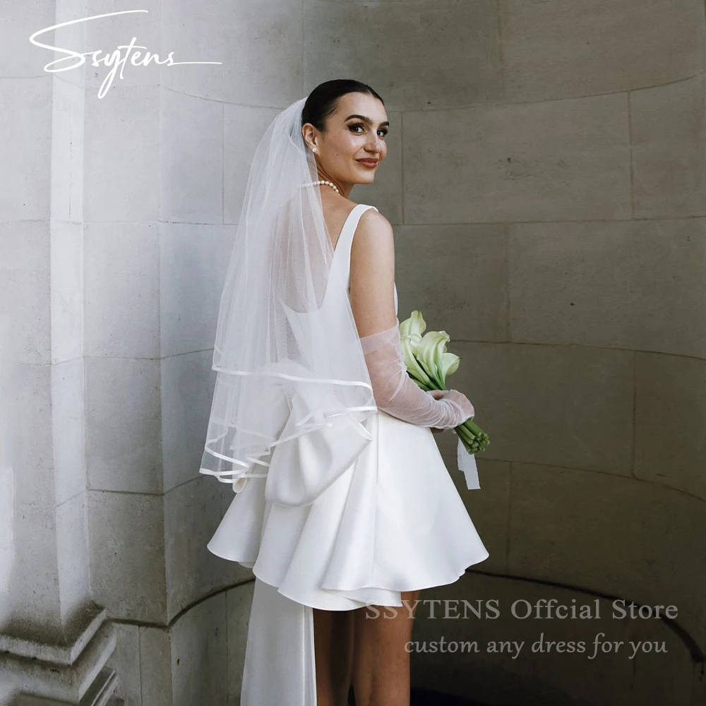 

SSYTENS Simple Mini Wedding Dresses 2026 White Sleeveless Short Satin Bow Wedding Gowns Boho Beach Bridal Prom Dress Customized