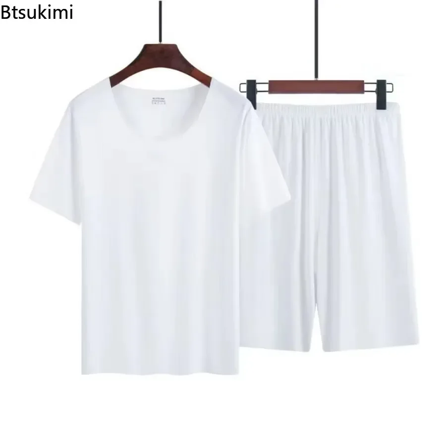 2026 Men's Summer Thin Style Ice Silk Pajama Sets Solid O-neck Short Sleeve T-Shirts and Shorts Sets for Men Soft Sleepwear Sets