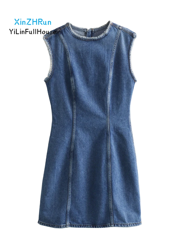 Summer New Women Fashion Round Neck Ragged Edge Spliced Sleeveless Dress Women's Simple and Versatile Solid Color Denim Skirt