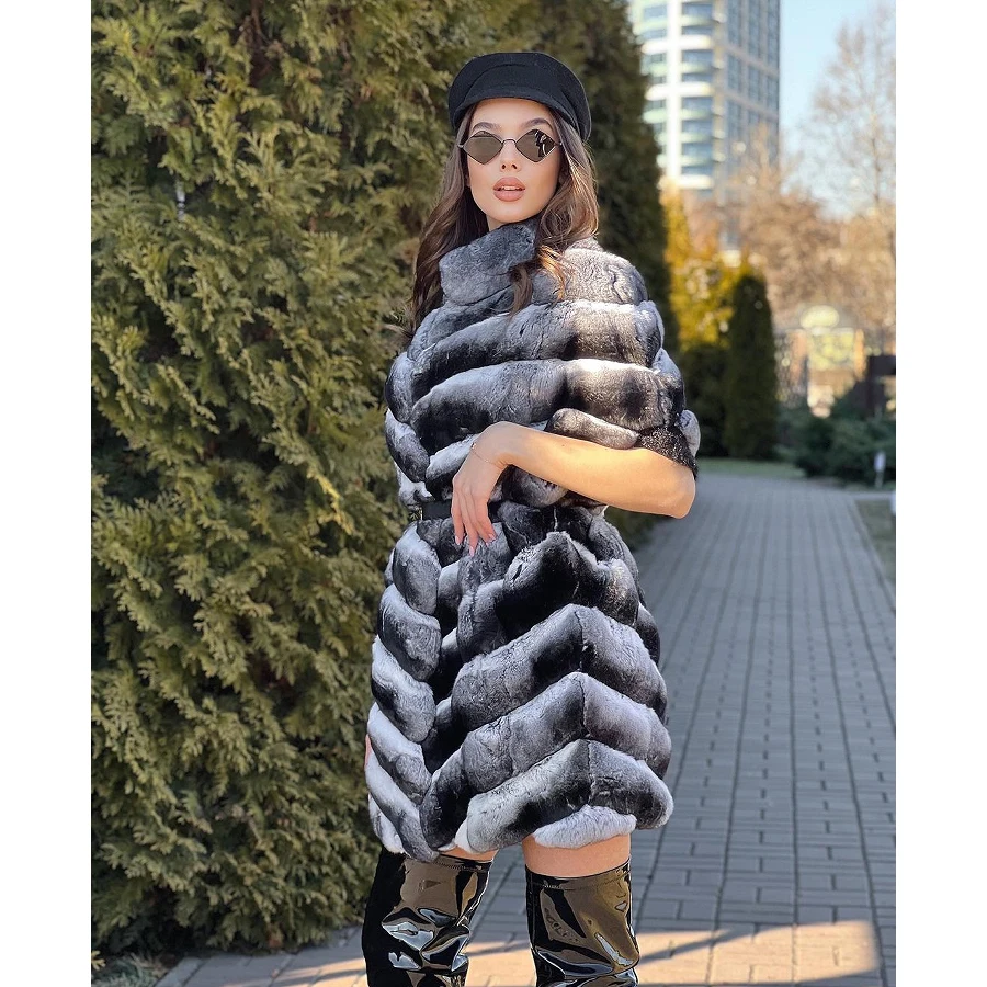 Natural Rex Rabbit Fur Jackets For Women Fur Jacket Real Rabbit Fur Coat With Stand Collar Mid-Length Outerwear