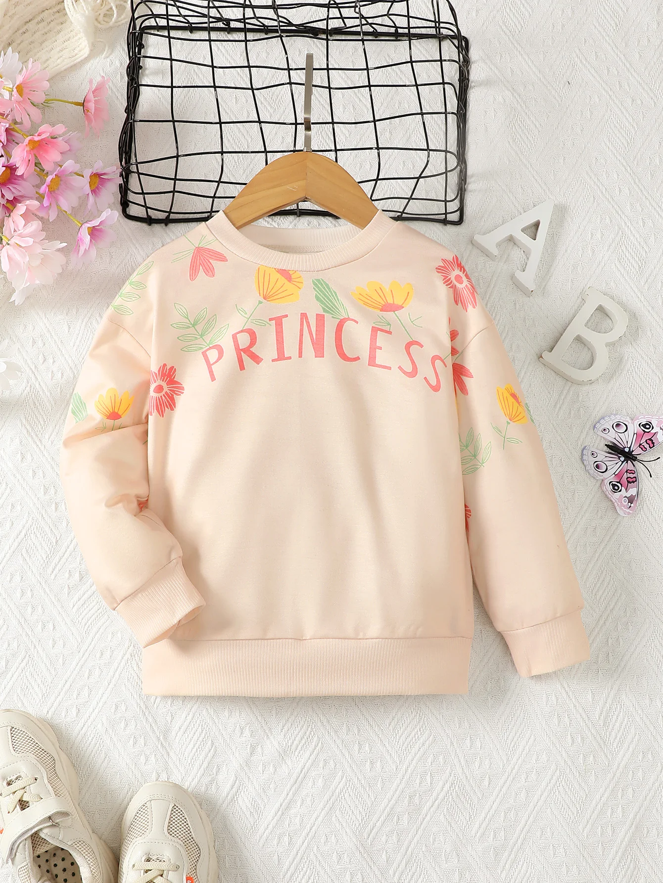 4-7 سنوات الفتيات الخريف هوديي جولة الرقبة زهرة رسالة مطبوعة طويلة الأكمام عارضة أعلى للأطفال والفتيات الملابس #6