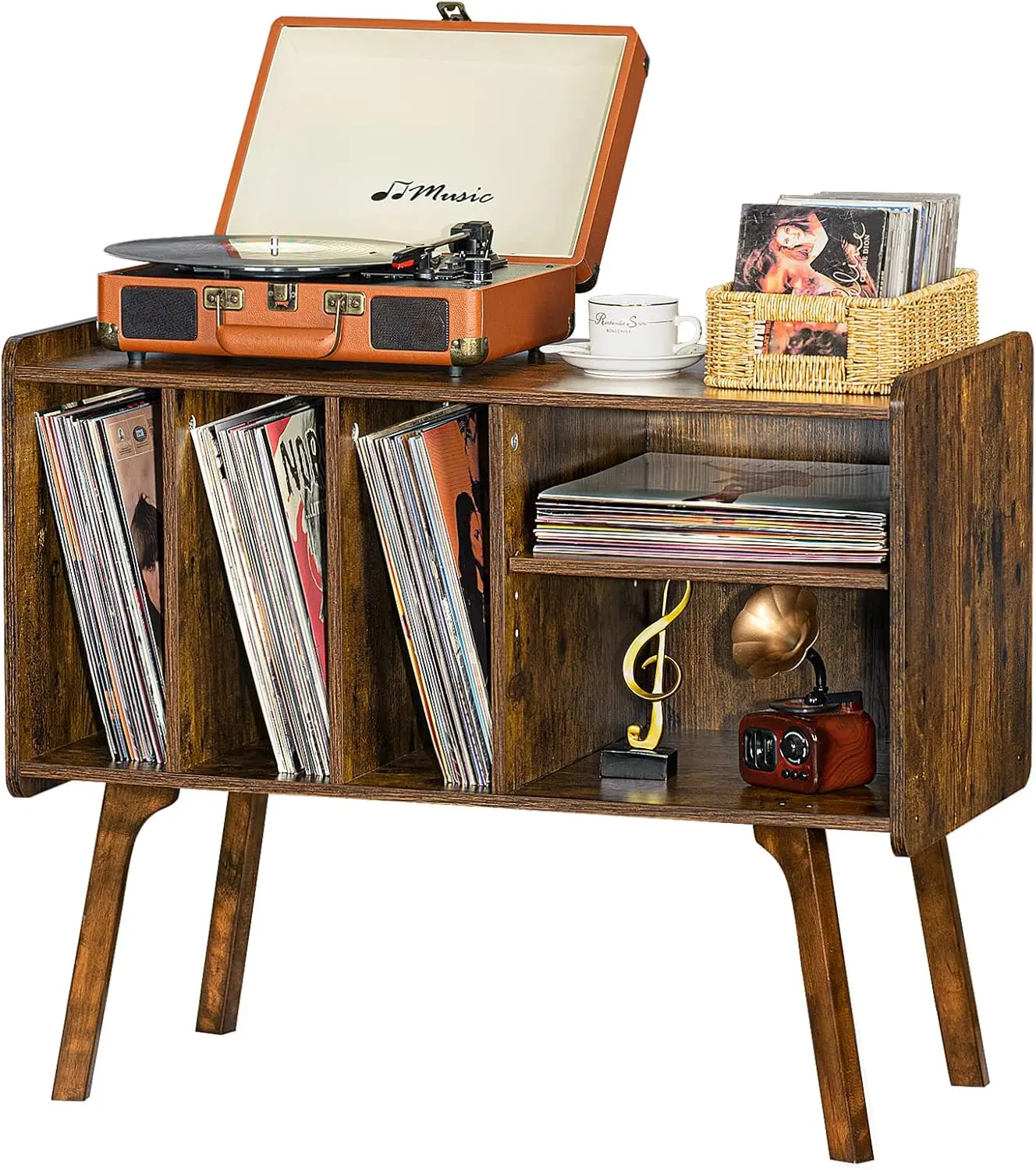 

Large Record Player Stand with Storage for 220 Albums, Beech Wood Legs, Vintage Vinyl Holder Table for Living Room Bedroom