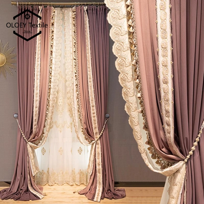 

New Light Luxury French Velvet Embroidered Purple Blackout Solid Curtains for Living Room Bedroom Custom Lace Trim Drapes Tulle