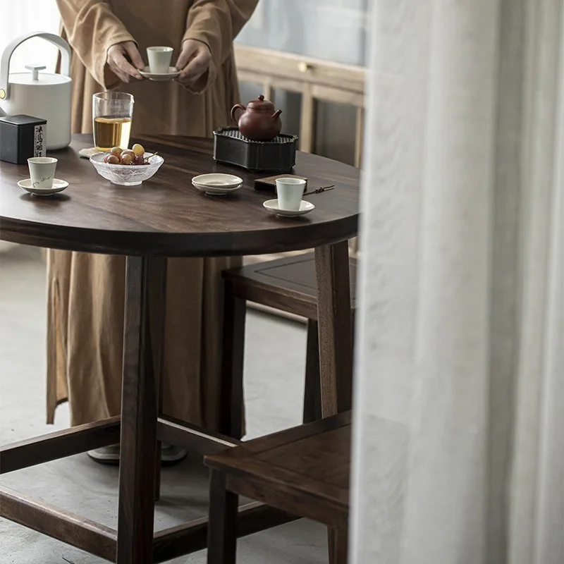Black walnut round tea table, new Chinese tea room with a whole set of tables and four chairs, tea space table