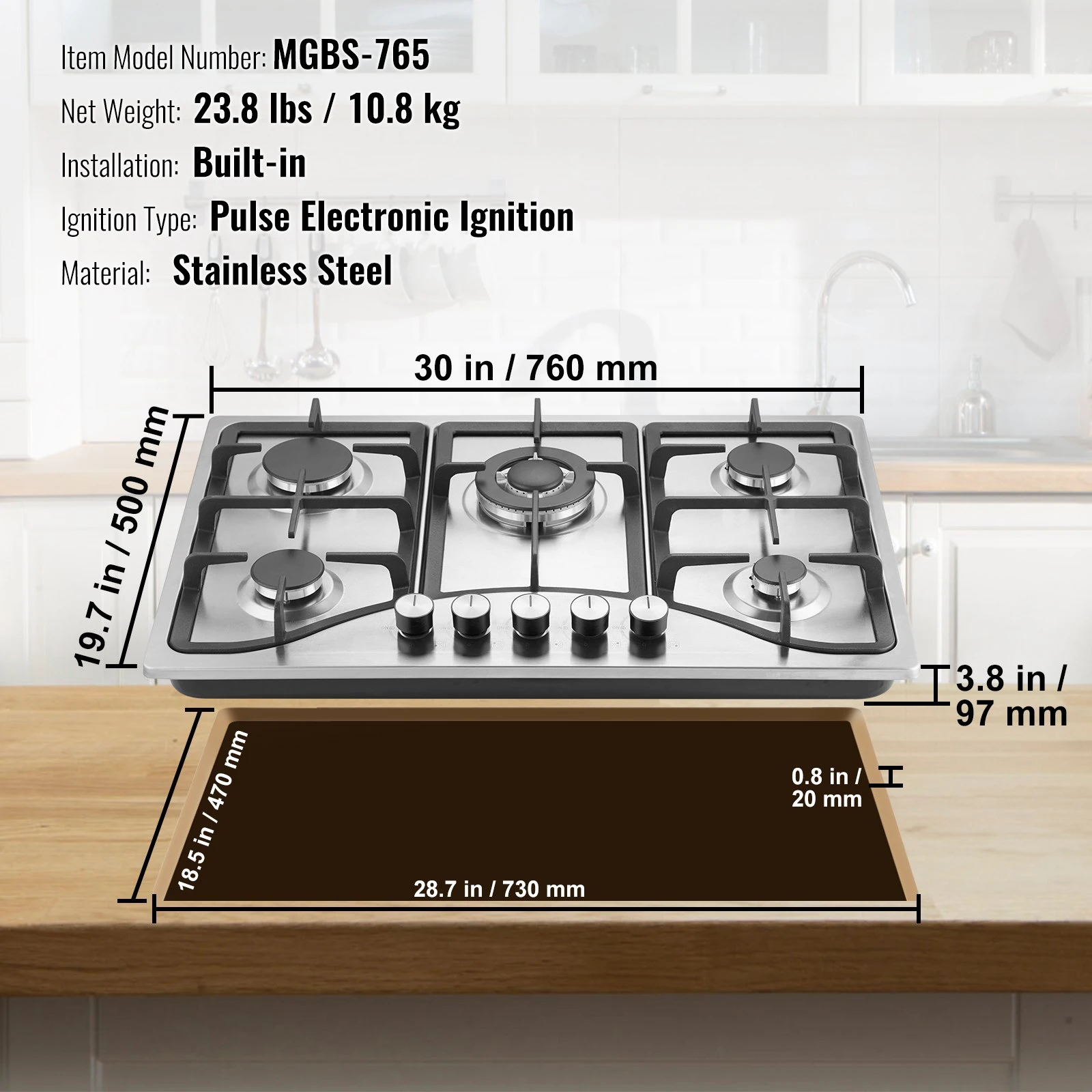 VEVOR Gas Cooktop 30 Inch Max 12250BTU 5 Burners Stainless Steel Gas Stove Top LPG/NG Convertible Dual Fuel Natural Gas Hob