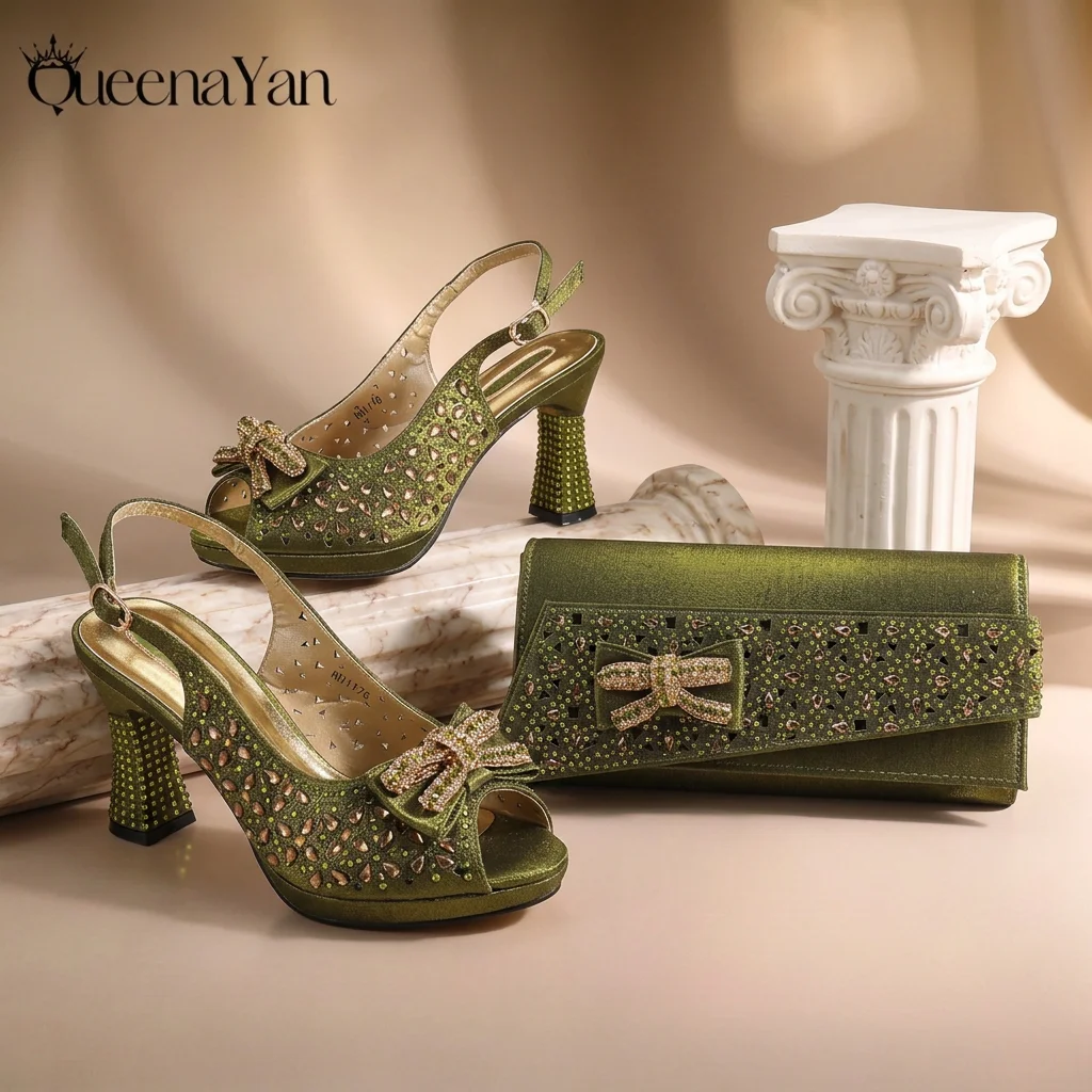 Women Olive Green Rhinestone Shoe Bag Set, Bow Decor Peep‑Toe Slingback Block Heels, Matching Handbag for Formal Wedding Party
