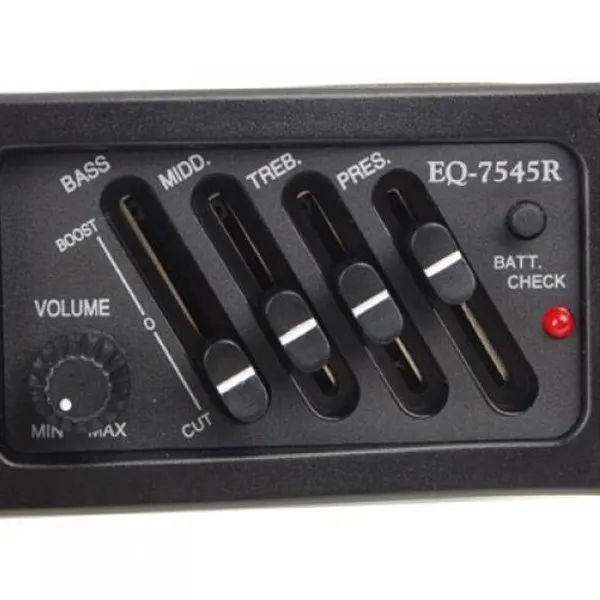 -7545R 4-Band Folk Guitar Piezo Pickup Preamp Equalizer Amplifier Pre-Wired Easy Assembly Battery Box Included Black
