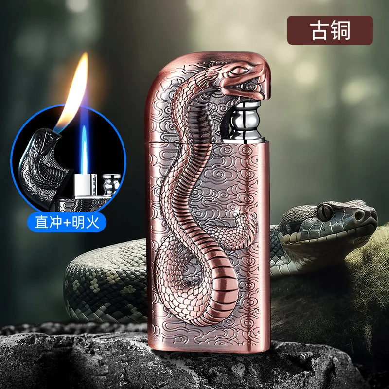 Double Flame Snake Embossed Lighter for Men, Creative Embossed Magic Double Fire Conversion, Gas Lighter, Personalized Metal