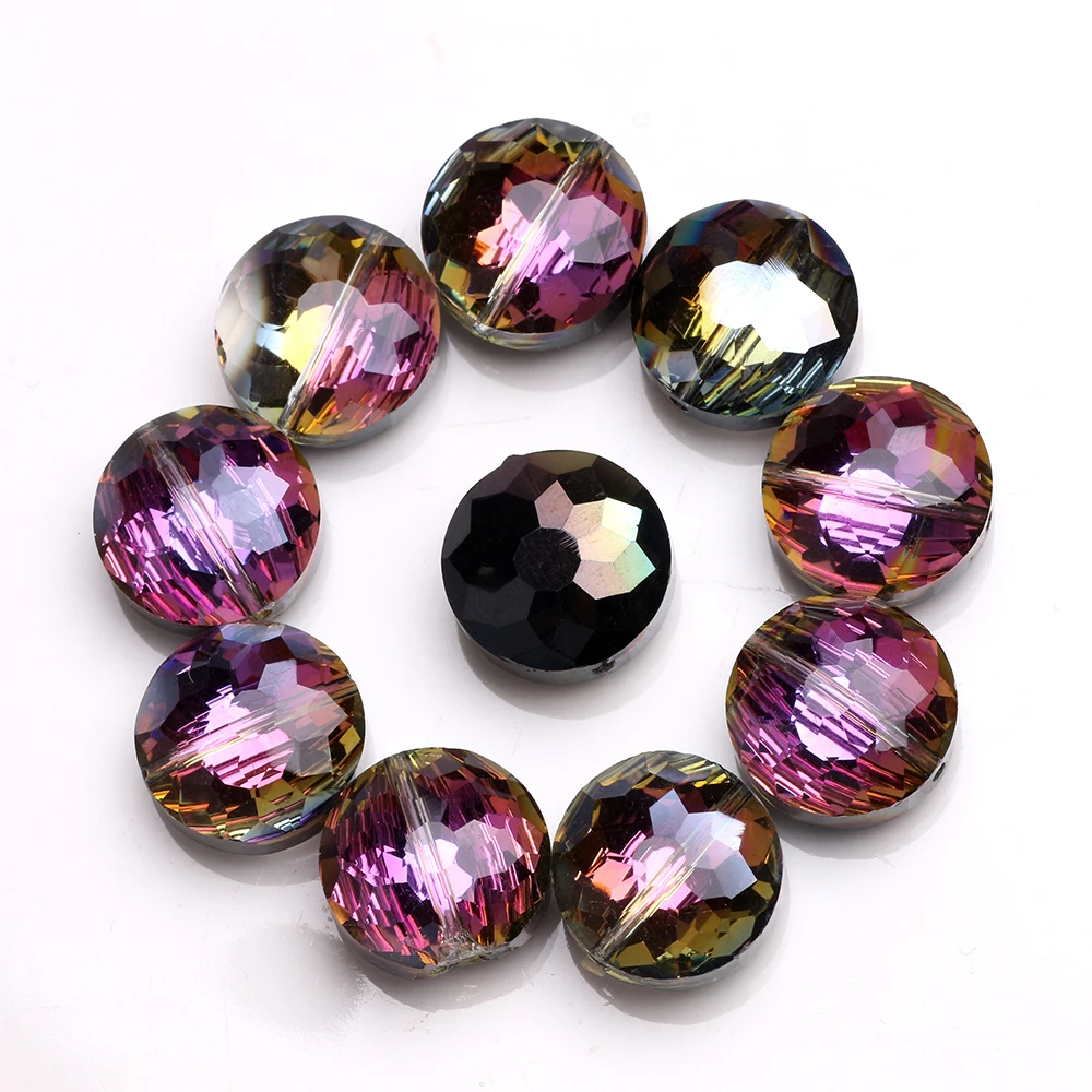 10 Pcs 14mm Faceted Crystal Glass Beads Flat Round Shape For DIY Making Crafts Jewelry Earing Necklace Accessories Wholesale