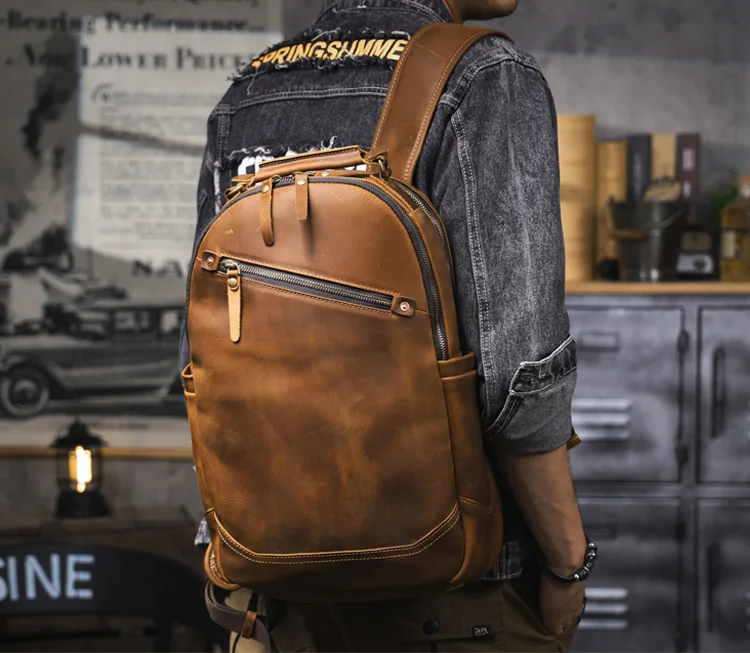PNDME Vintage Crazy Horse Rindsleder Herrenrucksack mit großem Fassungsvermögen, lässiger Designer-Handtaschenrucksack aus echtem Leder für Damen, Reiserucksack. – Detail 1