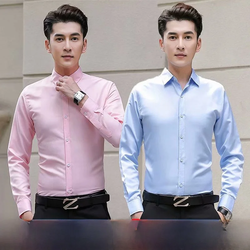Men's Long Sleeve White Shirt Wedding Groomsmen Business Formal Professional Workwear Autumn Season Clean Color Sharp Collar