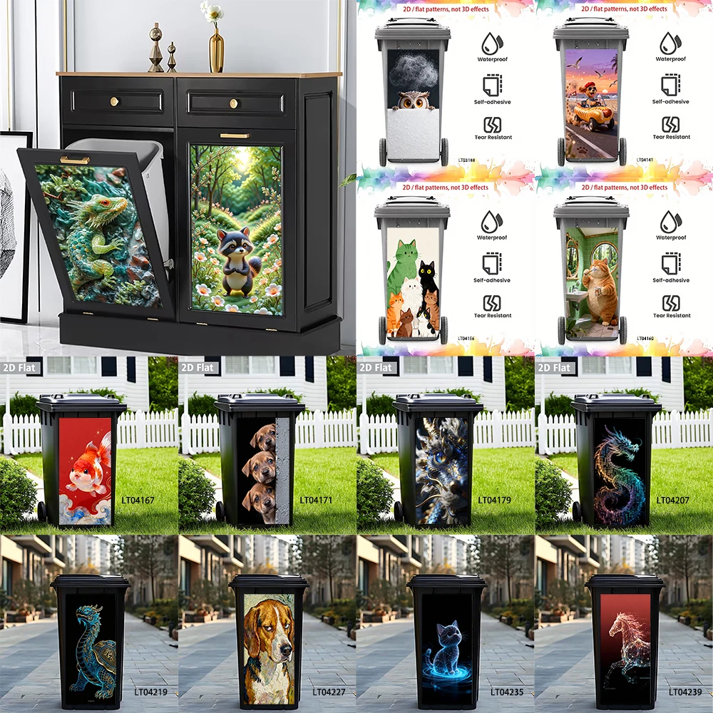 Magical Peacock Dragon Trash Can Sticker, Fantasy Nature Design Waterproof Removable Outdoor Garbage Bin Decor