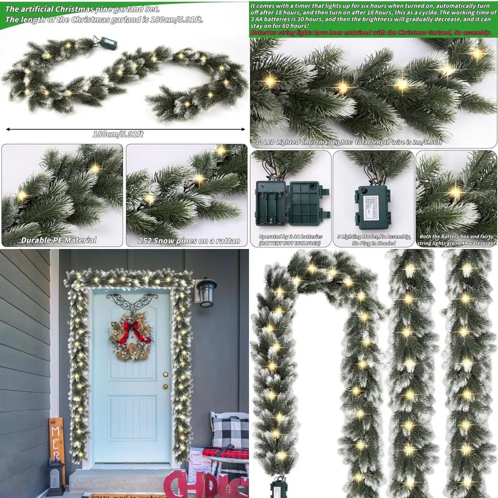 

6-футовая предварительно освещенная снежная флокированная рождественская гирлянда с теплыми белыми светодиодами и таймером, идеально подходит для сезонного декора в помещении и на открытом воздухе