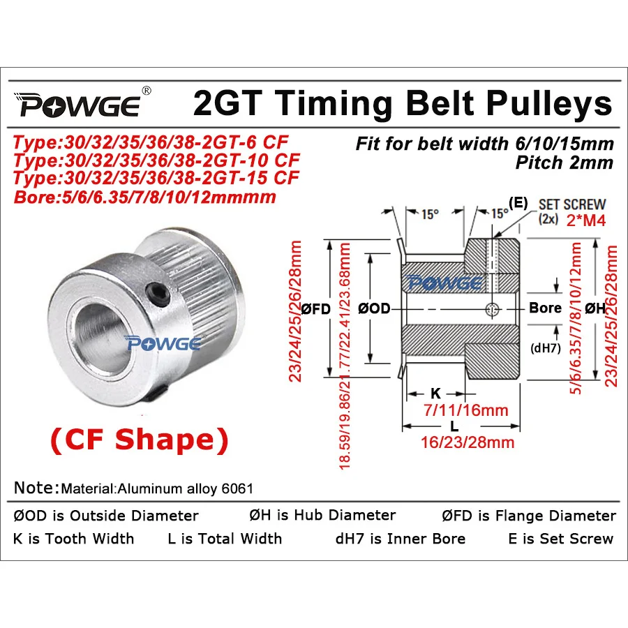 POWGE 30 32 35 36 38 teeth 2MGT 2GT Timing Pulley Bore 5/6/6.35/7/8/10/12mm for belt width 6/10/15mm 30T 32T 35T 36T 38T