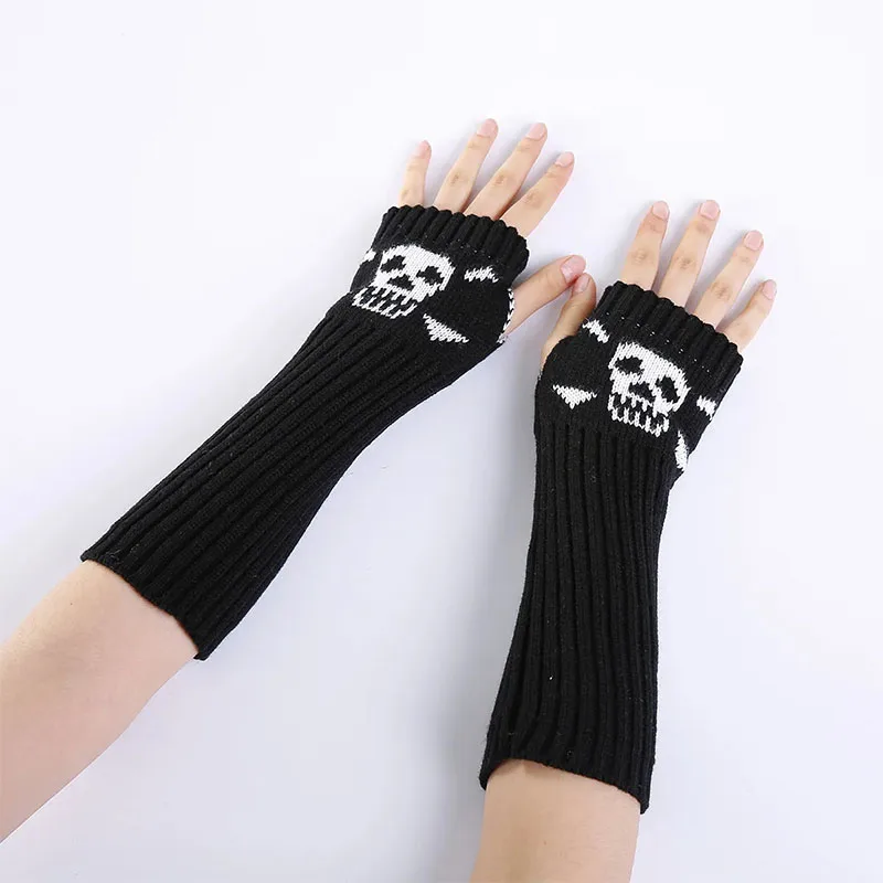 Winter Gloves Women Gothic Knitted Skull Gloves Men Stretch Dark Ninja Cool Elbow Length Arm Warmer Hipster Black Long Mittens