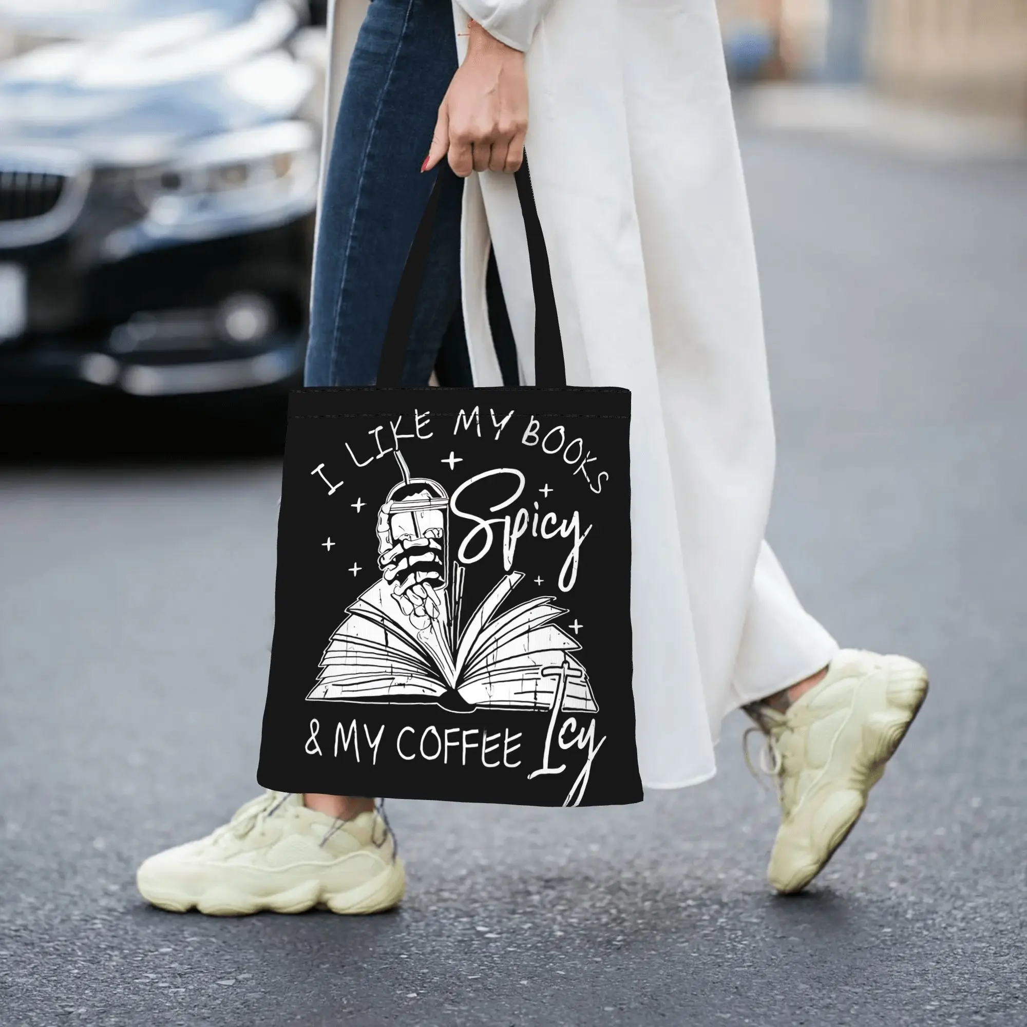I Like My Books Spicy And My Coffee Icy canvas tote bag,  urban style for daily shopping and casual outings