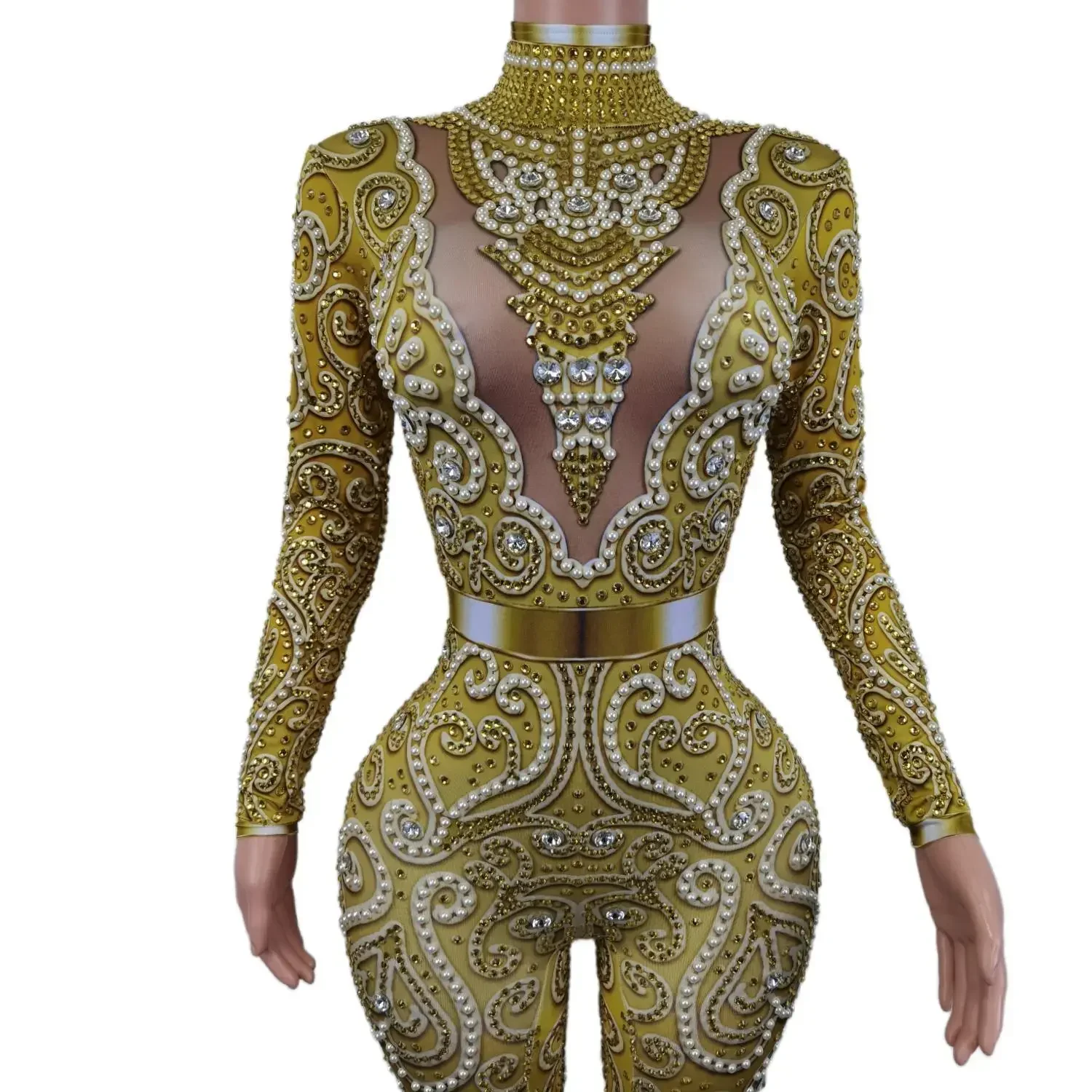 Rhinestones Gold Pearl Jumpsuit Long Sleeve Birthday Party Outfit Dancer Singer Show Rompers Stage Wear Event showgirl outfit