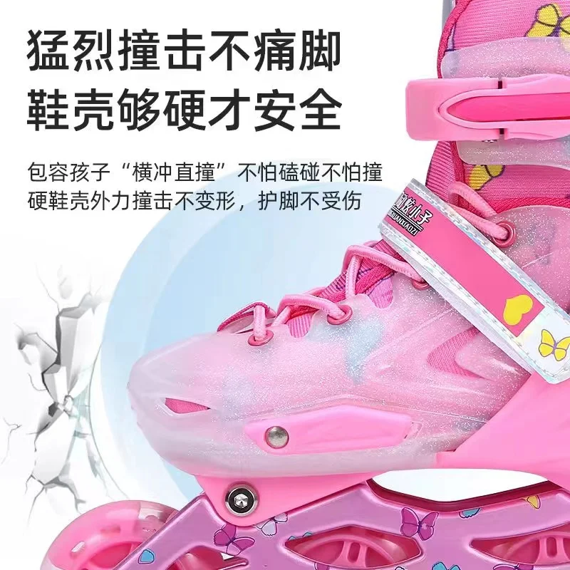 Inline Roller Skate Shoes for Children, 4 Wheels Sneakers for Beginner, Pink, Blue, Parkour, Running Gift for Kids, Full Set