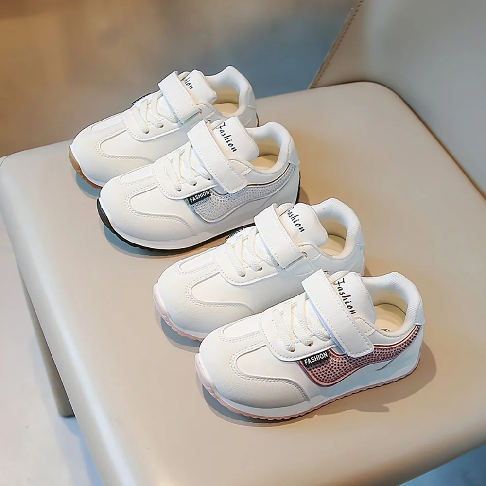 

Spring Summer Girls Rhinestone Outdoor Running Shoes Children PU Leather Sport Shoes Girls Waterproof Anti-slippery Sneakers Kid