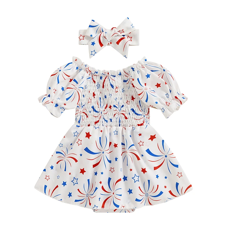 Baby Girl 4th of July Romper Dress Fireworks&Star Print Short Puff Sleeves Jumpsuit with Bow Headband