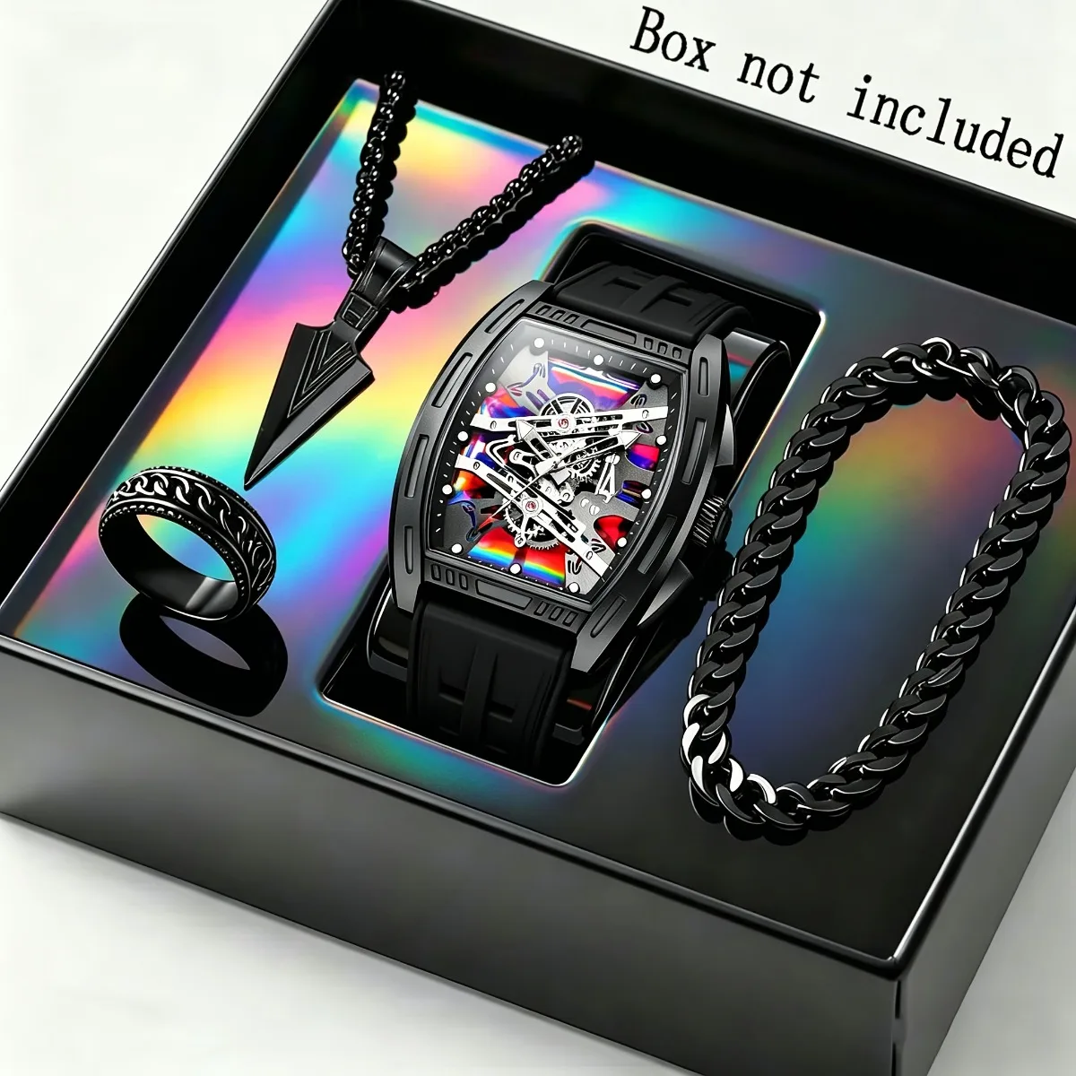 4PCS Luxury Men Quartz Watch Jewelry Set  Fashion Silicone Band Sports Wristwatches Accessories Relogio Masculino（Without Box）