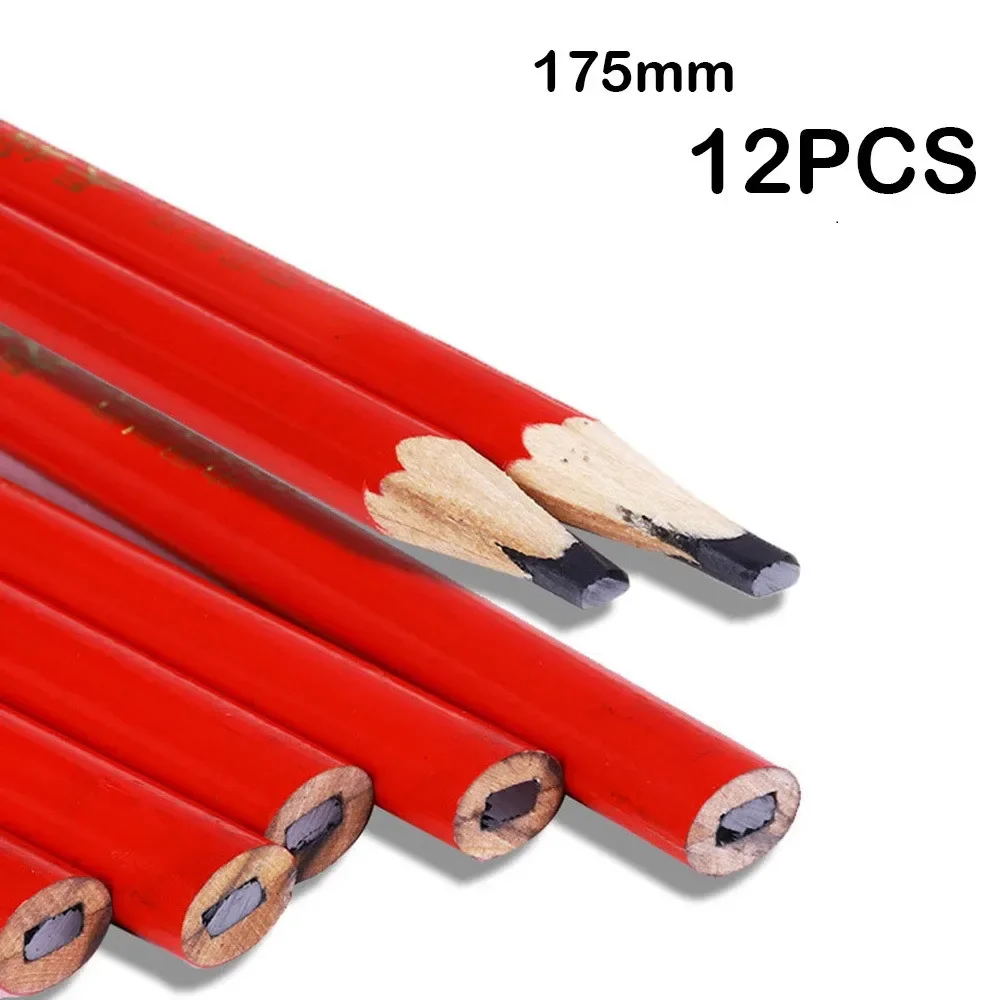 12Pcs 175mm Carpenter Pencils Red Oval Octagonal Woodworking Marking Tool For Construction Drawing Layout Anti-Roll Design