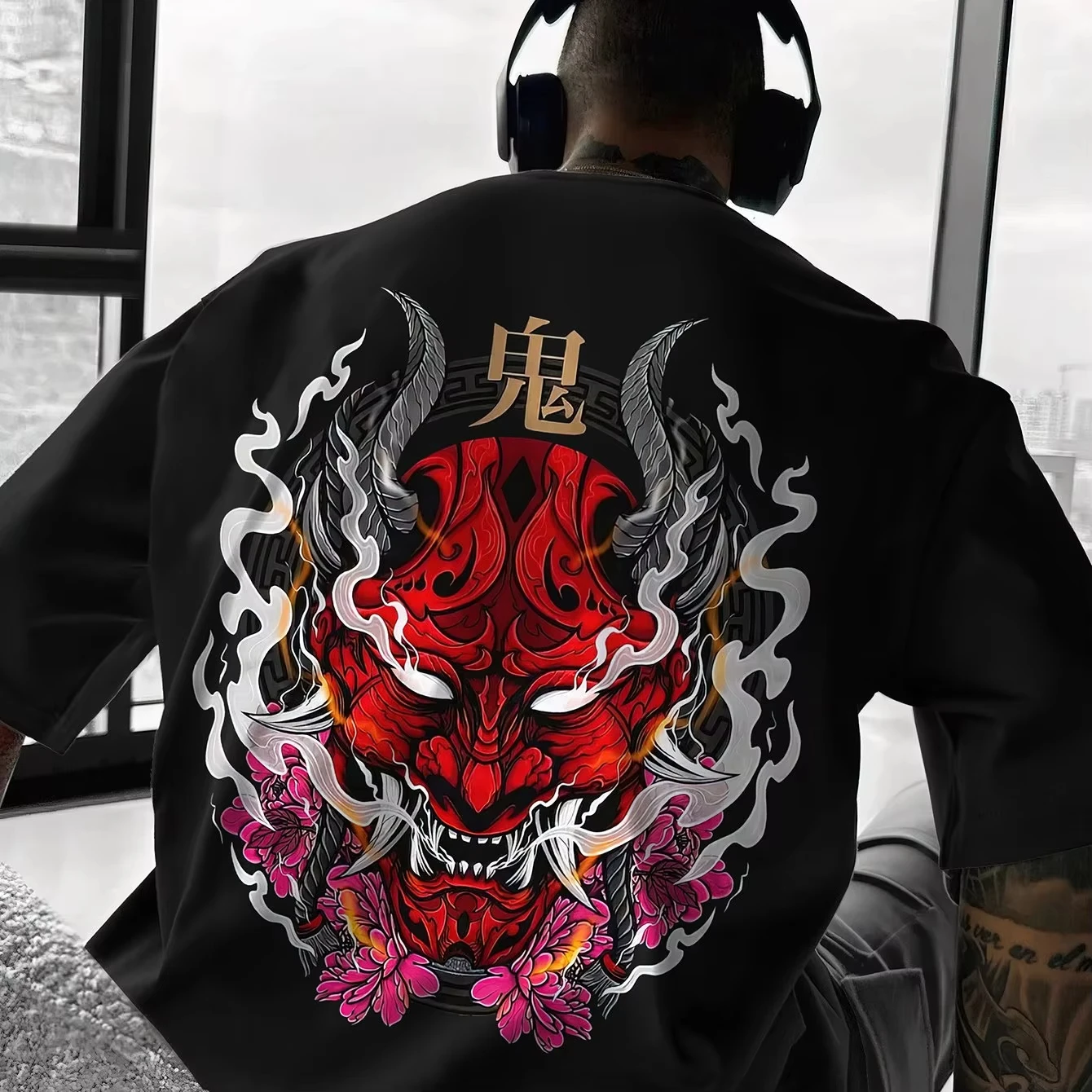 Demon Oni Mask Graphic T-Shirt For Men Summer Red Black Korean Pop Short Sleeve O-neck Tees Casual Male Clothes Oversized Tops