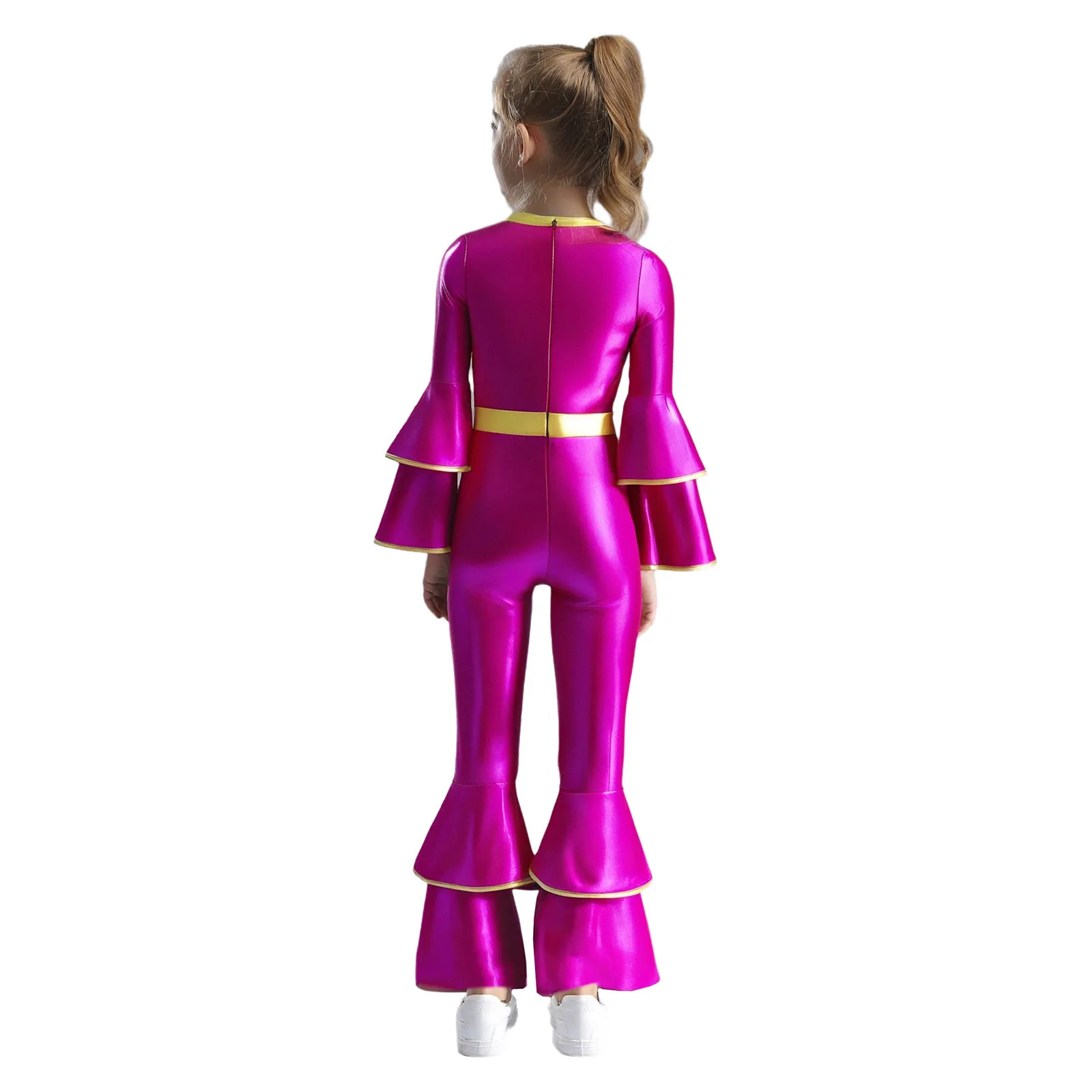 Kids Girls Shiny Metallic 70s 80s Disco Dance Jumpsuit Long Sleeves High Waist Tiered Flared Pants Jumpsuit for Jazz Performance