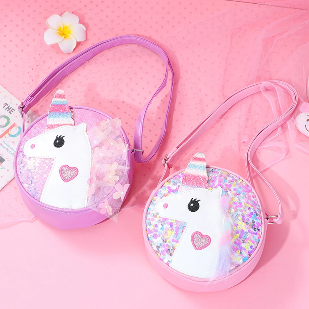 

Girls Sequin Crossbody Bag Unicorn Kids Shoulder Bag Adjustable Strap Princess Handbag Heart Rainbow Lovely Cartoon Coin Purse