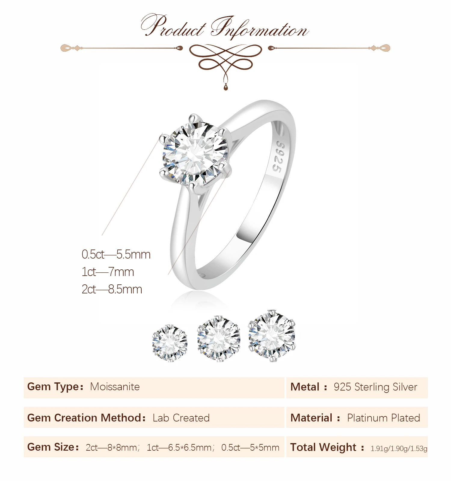 Potiy 모이사나이트 D 컬러 라운드 컷 S925 스털링 실버 솔리테어, 여성용 결혼 약혼 반지, 0.5ct, 1ct, 2ct