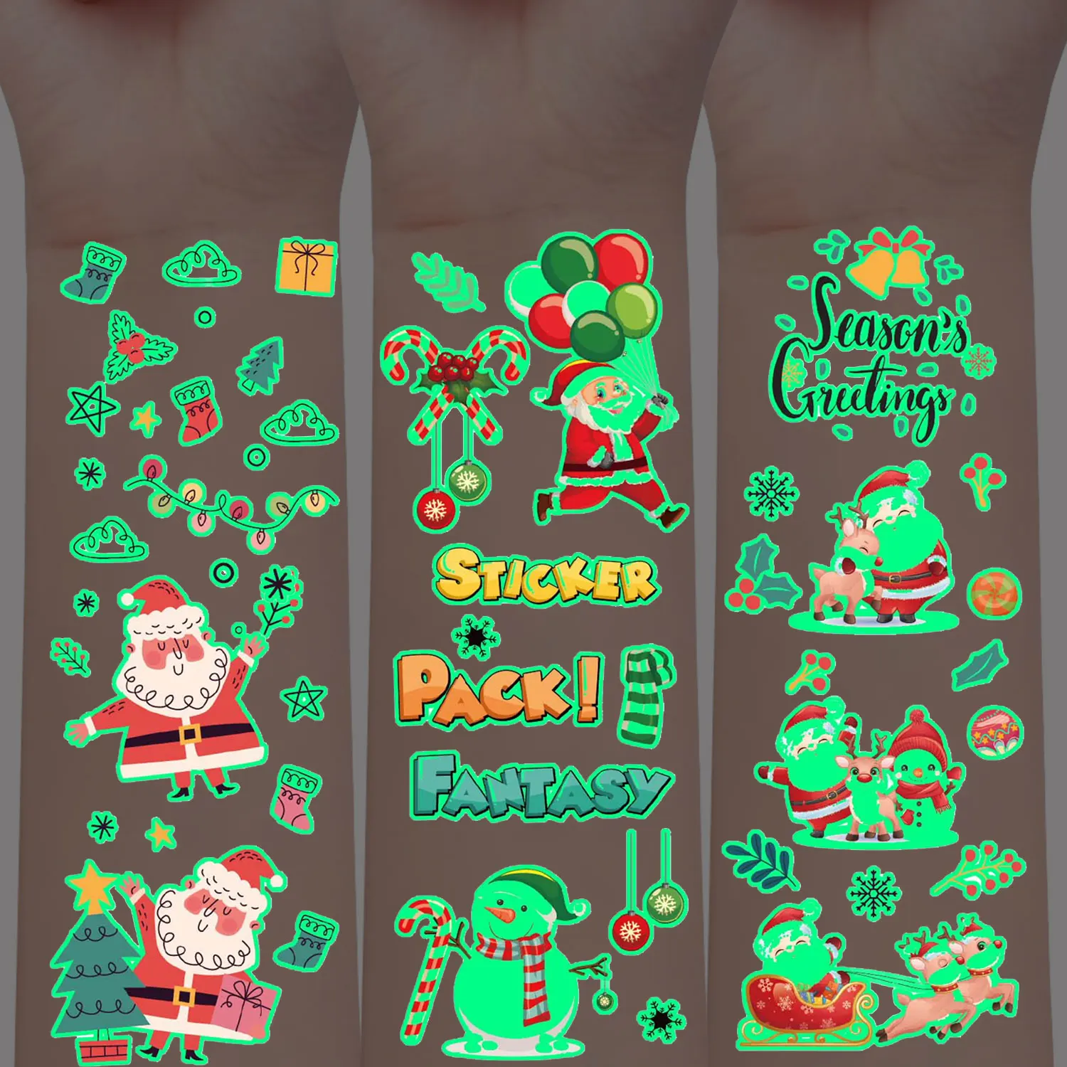 

10 светящихся в темноте временных татуировок с рождественской тематикой, узоры для украшения на Рождество, водонепроницаемые художественные наклейки.