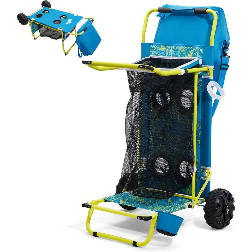 

Dual-Purpose Beach Cart with Large Wheels, Folding Utility Wagon, Chair Holder, Cooler Bag, Mesh Storage, 4 Cup Holders, Umbrell