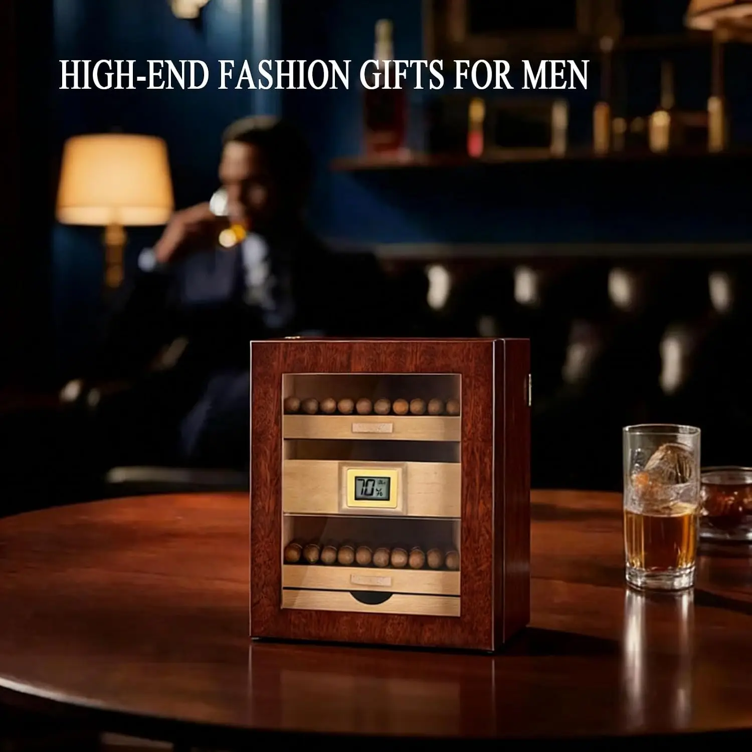 Cigar Humidor Cabinet for 100 Counts Vertical Grain Cigar Desktop Box Cedar Wood Drawer Glass Display with, Customized