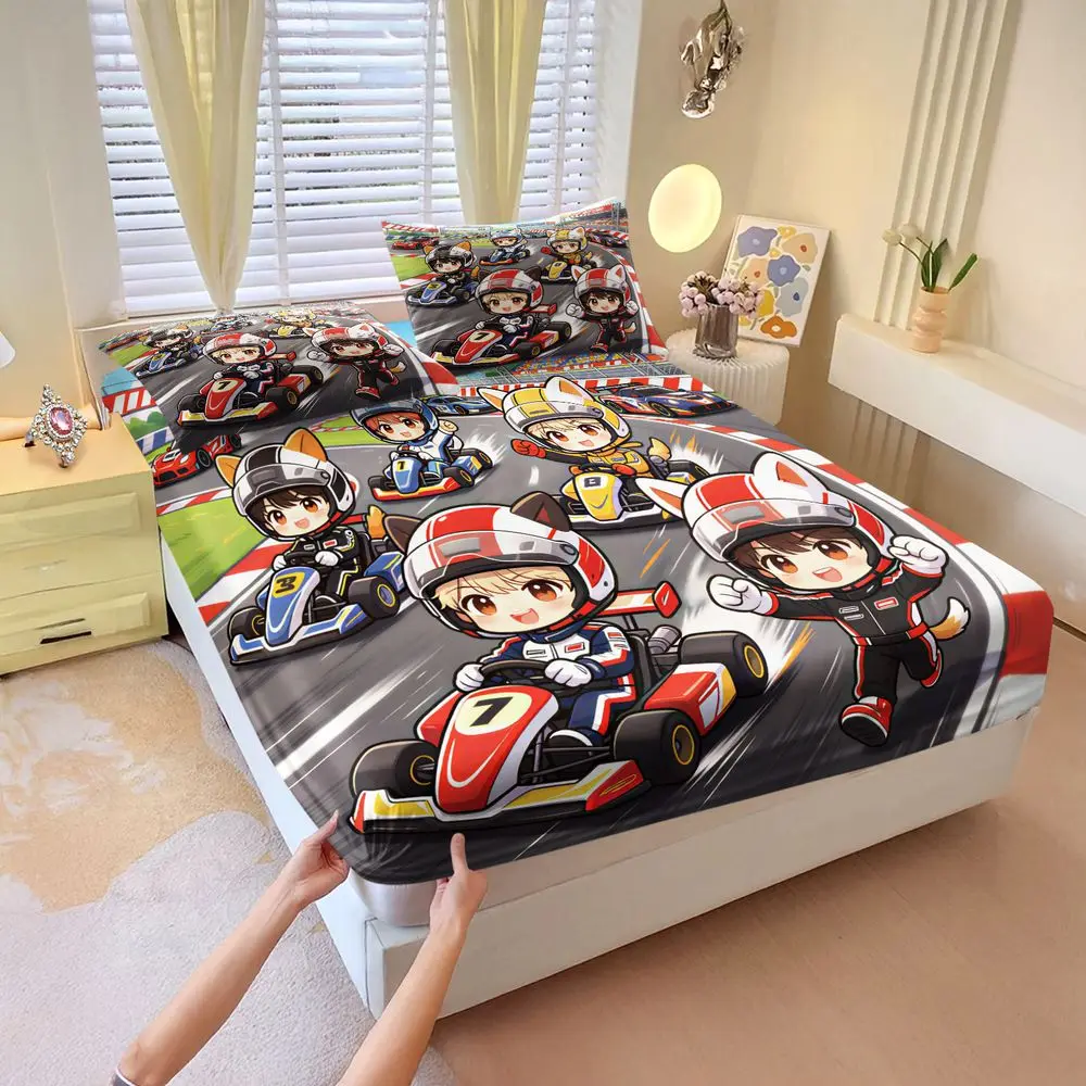 Kart Racing Cartoon Digital Print Fitted Sheet Set Bed Sheet Set Bedding Set No Fillers Sport Style Apartment Bedroom Decor