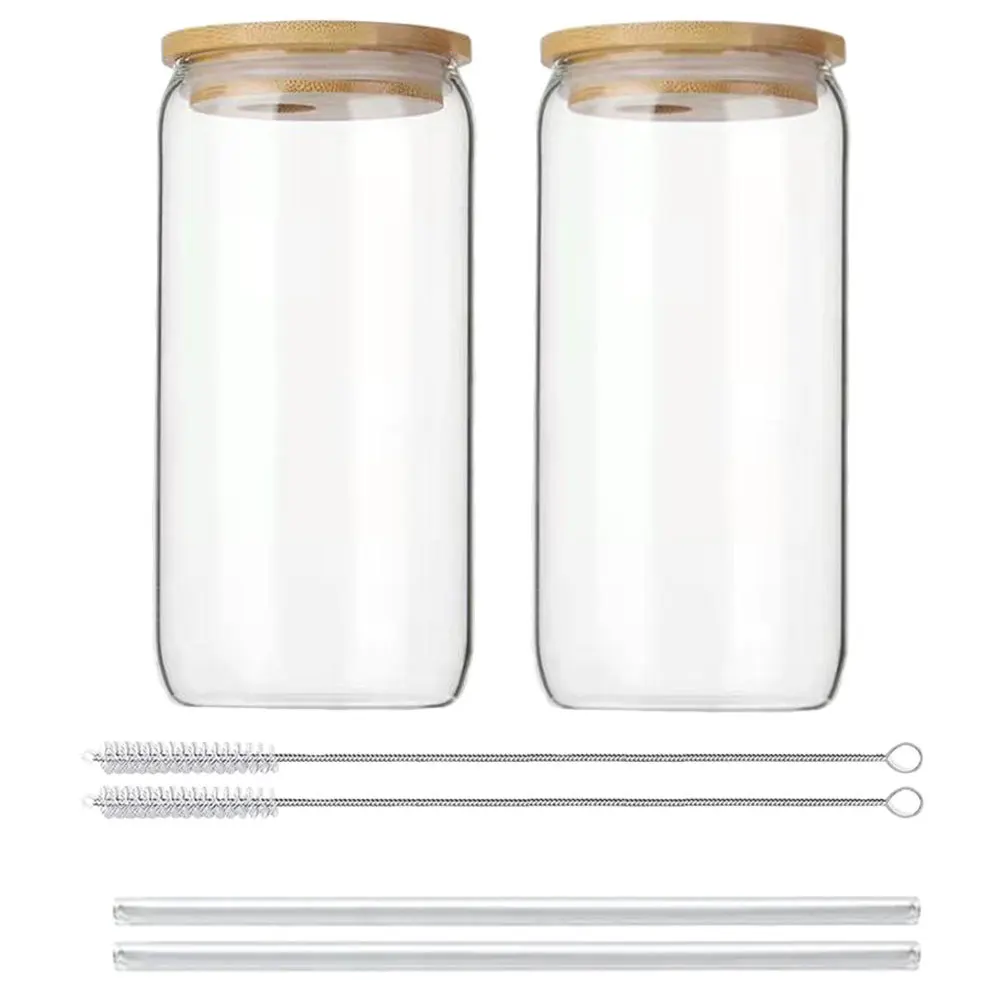

2Sets Easy Pull Can Glass Cups Bamboo Lids Straws Clear Drink Cups for Coffee Tea Juice Home Bar Beverage Glass Can Cup