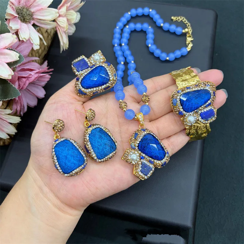 Luxury Turkish Style Rhinestone Pearl Opal Necklace Ring Earrings Bangle Statement Jewelry Set for Women Vintage Wedding Gifts