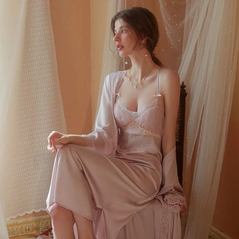 

2 PCS Nighty&bathrobe Sets Bride Bridesmaid Wedding Long Robe Gown Womens Lingerie Sexy Lace Sleepwear Nightgown Loose Kimono