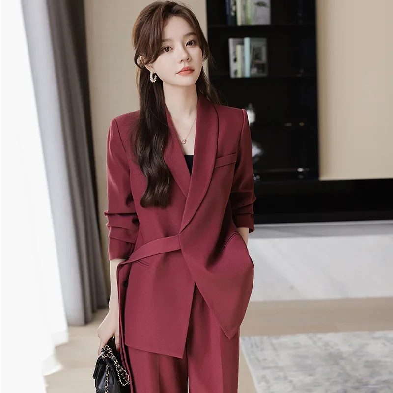 Elegant Solid Color Women Suits Blazer Shawl Lapel Regular Length Slim Fit 2 Piece Jacket Pants Office Lady Full Set