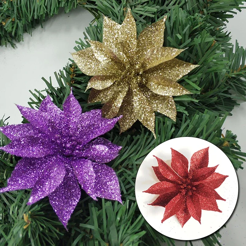 10cm Glitter Artificial Flower Double Layer Christmas Flowers Home Merry Christmas Tree Decoration DIY Wedding Flower Head Rose